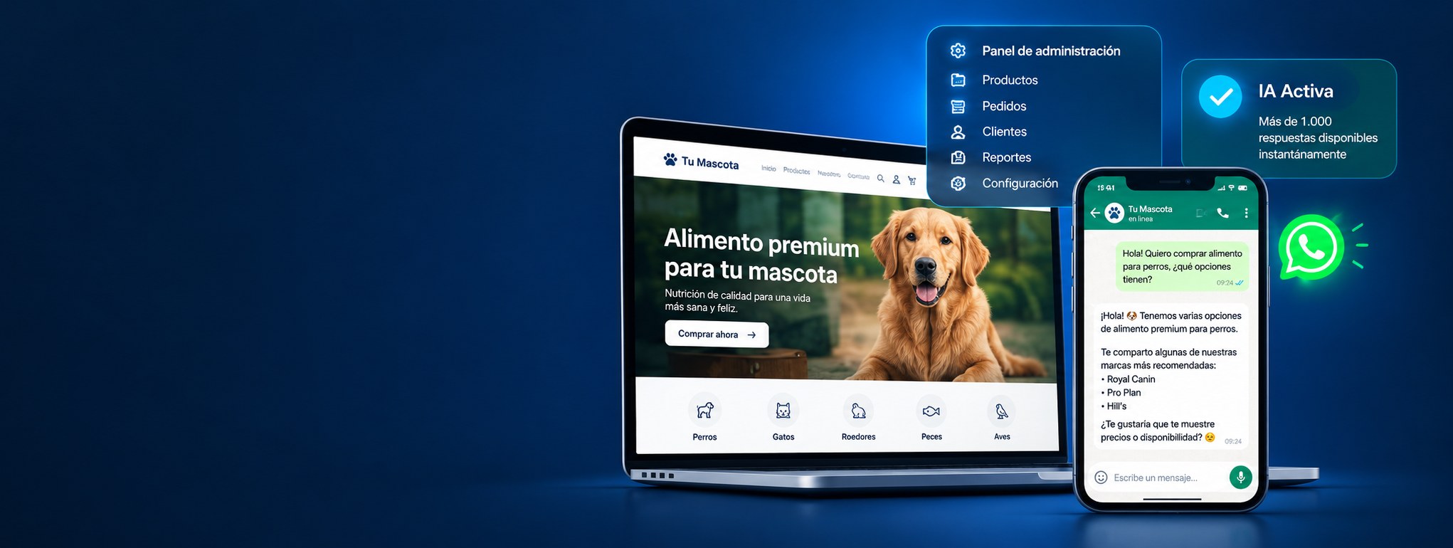 Notebook con una tienda online, panel de administración, tarjeta de IA activa y celular con un chat de WhatsApp atendido por IA